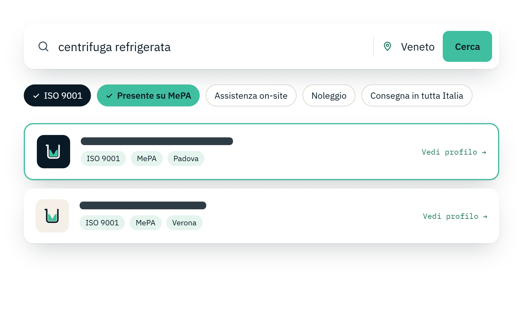 Esempio di ricerca con filtri: centrifuga refrigerata in Veneto