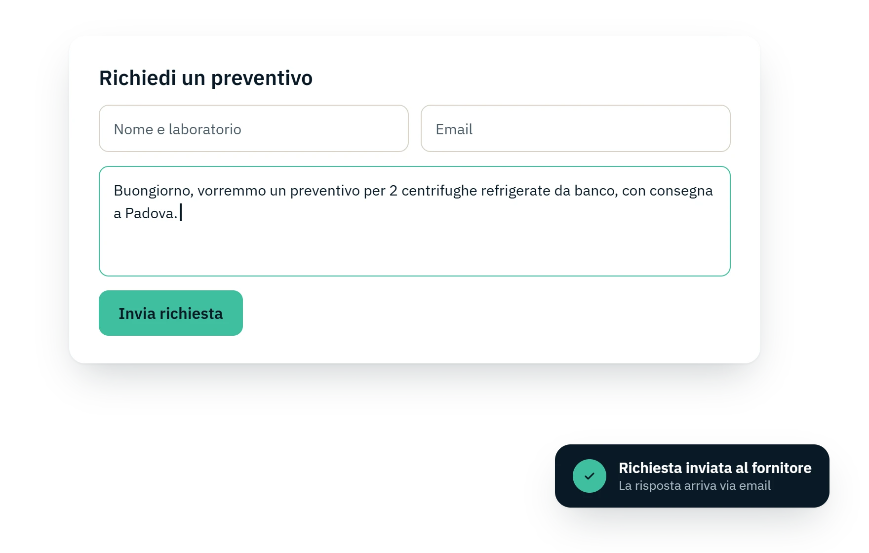 Esempio di richiesta di preventivo inviata al fornitore