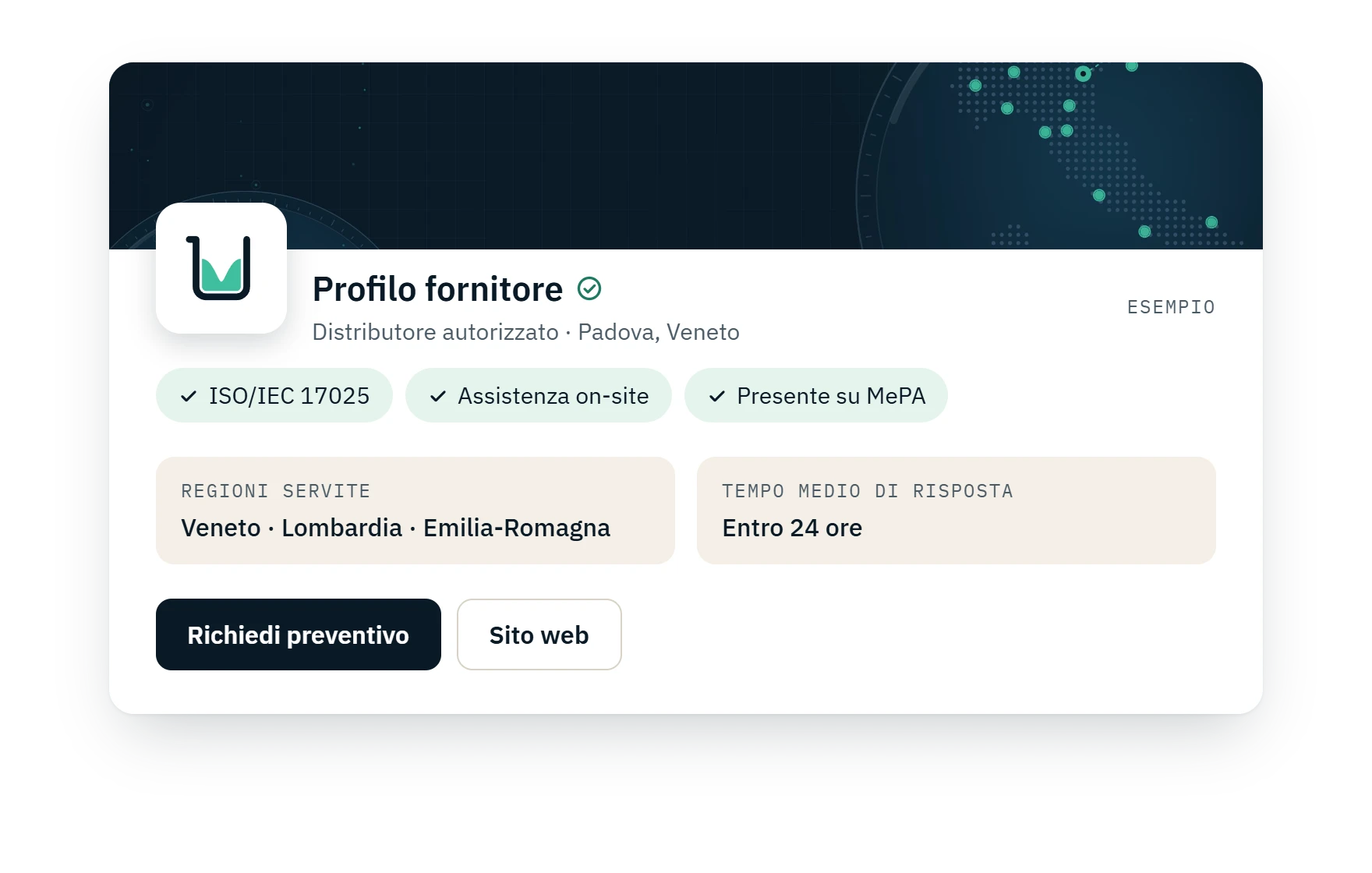 Esempio di profilo fornitore con certificazioni e regioni servite